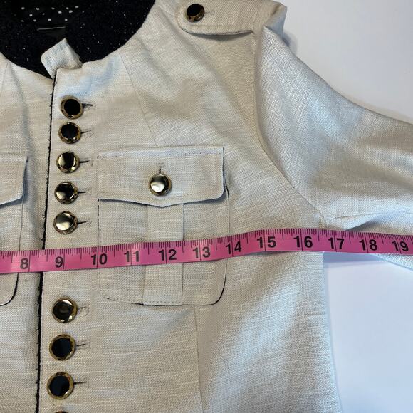 Kinder Aggugini for Macy's Cream Linen Military Black Trim Ribbon Cuff Blazer XS - Picture 11 of 12